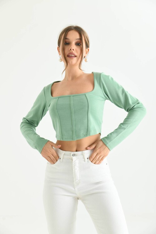 Mint Front Stripe Detailed Square Neck Crop Blouse
