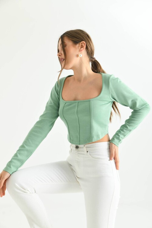 Mint Front Stripe Detailed Square Neck Crop Blouse