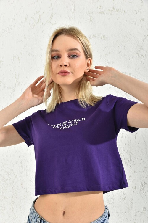 Purple Print Detailed Crop Blouse