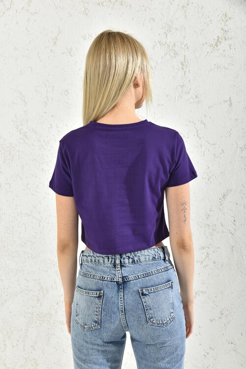 Purple Print Detailed Crop Blouse
