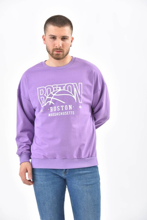 Mor Bisiklet Yaka Baskılı Sweatshirt