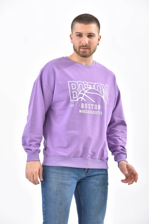 Mor Bisiklet Yaka Baskılı Sweatshirt