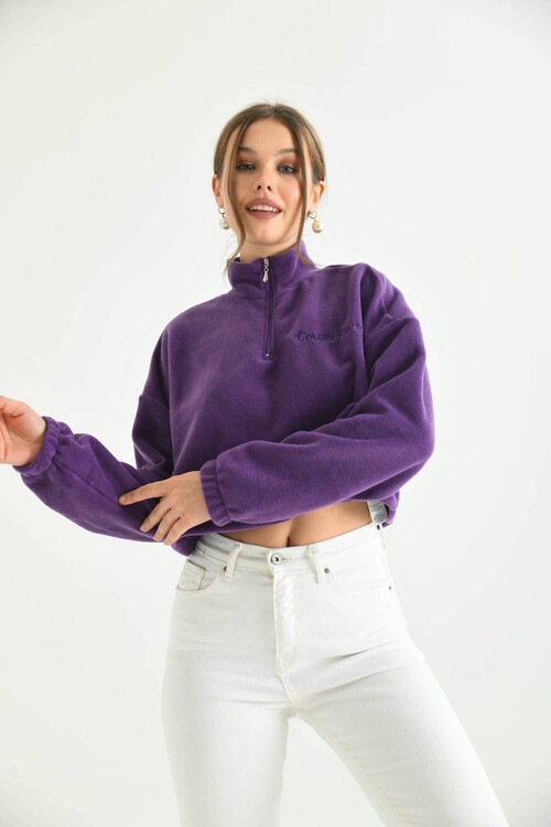 Purple Zipper Detail Embroidered Sweatshirt