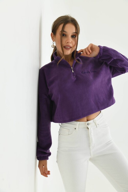 Purple Zipper Detail Embroidered Sweatshirt