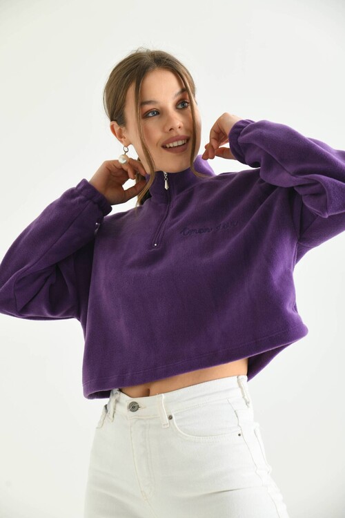 Purple Zipper Detail Embroidered Sweatshirt