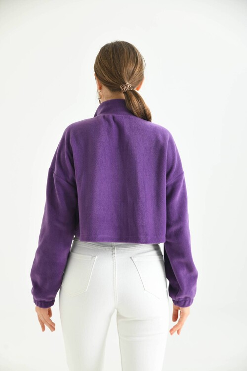 Purple Zipper Detail Embroidered Sweatshirt