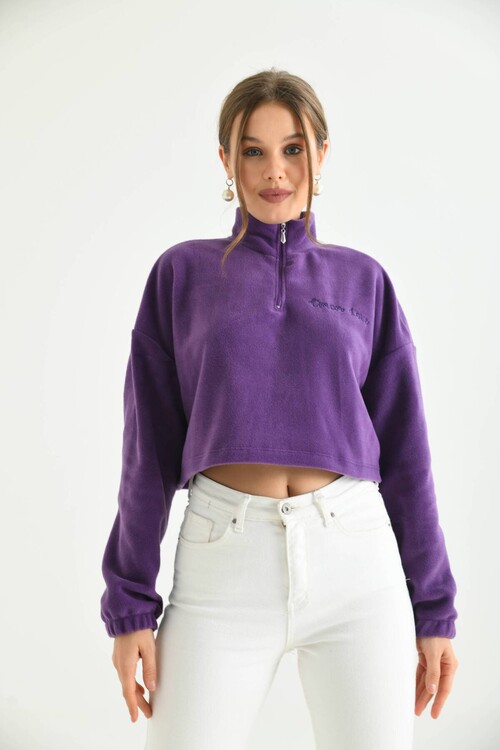 Purple Zipper Detail Embroidered Sweatshirt