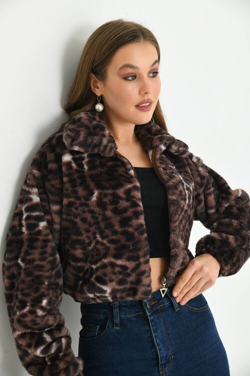 Purple Leopard Pattern Crop Plush Coat