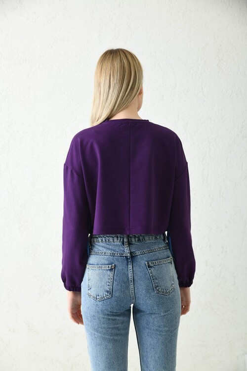 Purple Front Zipper Pocket Detailed Sweatshirt