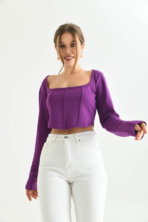 Purple Front Stripe Detailed Square Neck Crop Blouse