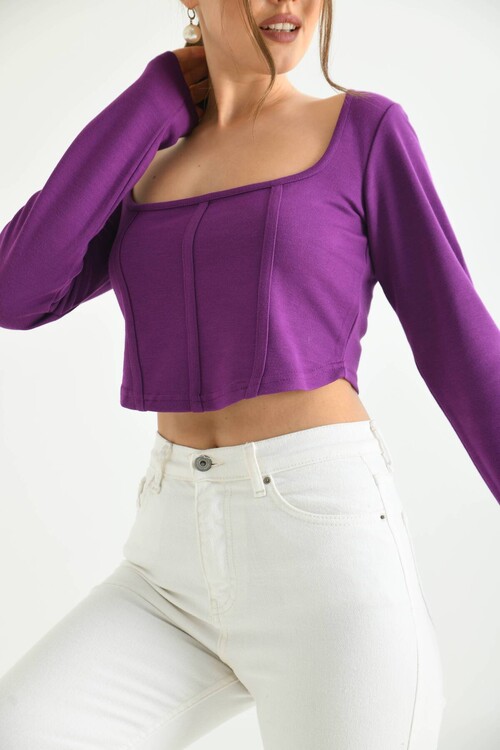 Purple Front Stripe Detailed Square Neck Crop Blouse