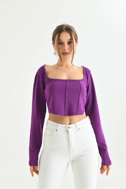Purple Front Stripe Detailed Square Neck Crop Blouse