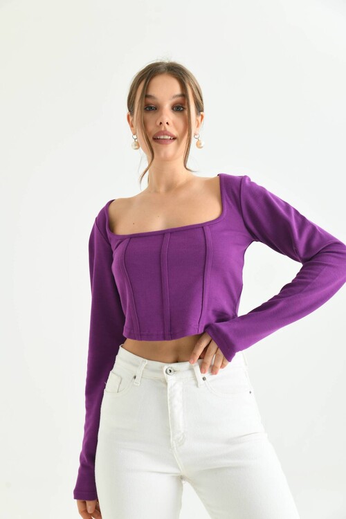 Purple Front Stripe Detailed Square Neck Crop Blouse