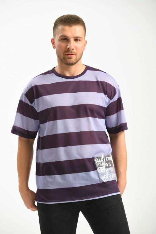 Purple Oversize Fit Pocket Detail Striped T-Shirt