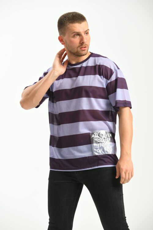 Purple Oversize Fit Pocket Detail Striped T-Shirt