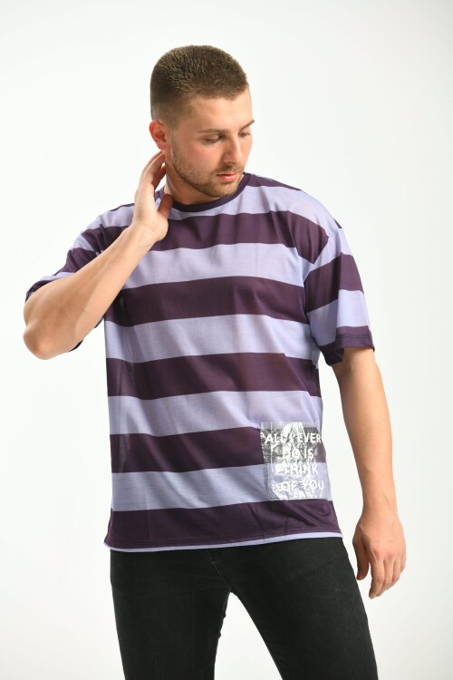 Purple Oversize Fit Pocket Detail Striped T-Shirt