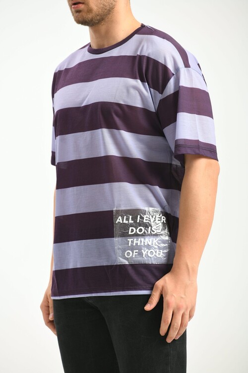 Purple Oversize Fit Pocket Detail Striped T-Shirt