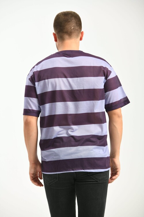 Purple Oversize Fit Pocket Detail Striped T-Shirt