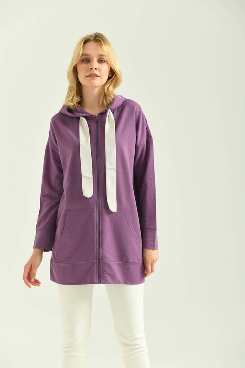 Mor Relax Fit Cep Detay İnce Kumaş Oversize Kapüşonlu Hırka