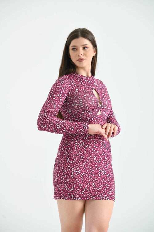 Plum Floral Patterned Bust Detailed Knitted Mini Dress