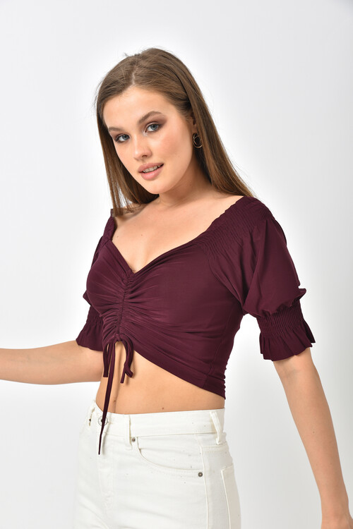 Plum Front Pleated Collar and Sleeve Elastic Detailed Crop Blouse
