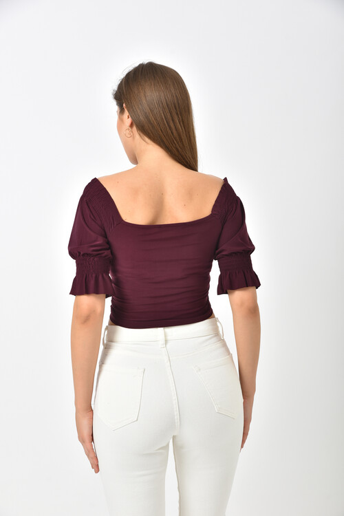 Plum Front Pleated Collar and Sleeve Elastic Detailed Crop Blouse