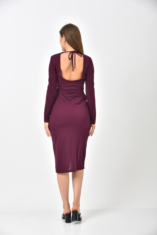 Plum Back Detail Front Pleated and Slit Dress