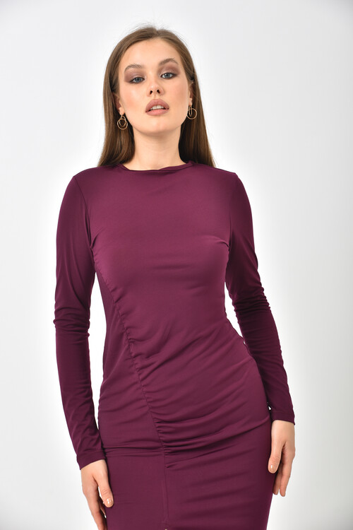 Plum Back Detail Front Pleated and Slit Dress