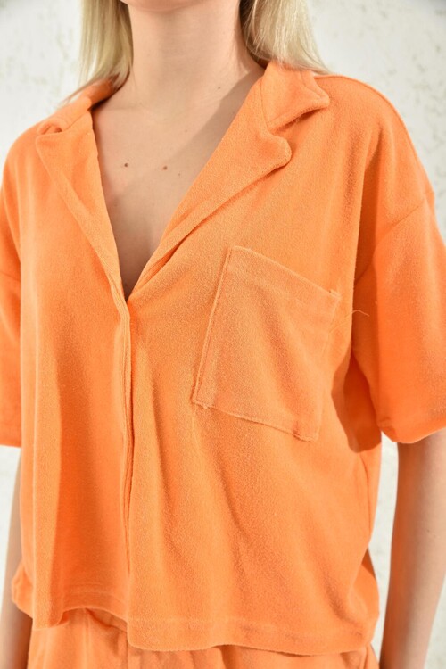 Orange Button and Pocket Detailed Towel Fabric Bottom-Top Set
