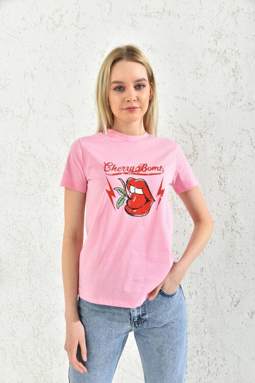 Pink Crew Neck Print Detailed T-Shirt