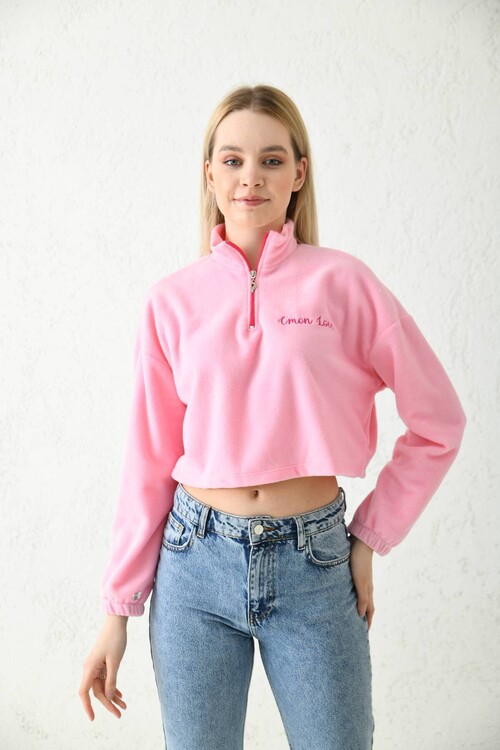 Pembe Fermuar Detay Nakışlı Crop Bluz