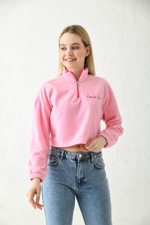Pembe Fermuar Detay Nakışlı Crop Bluz