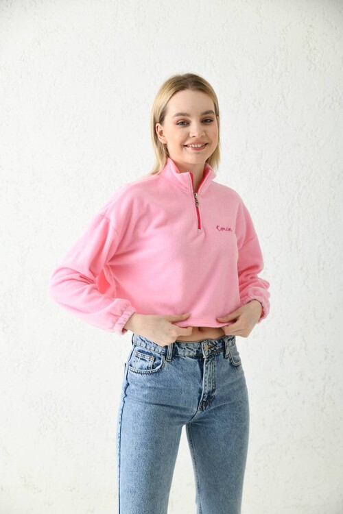 Pembe Fermuar Detay Nakışlı Crop Bluz