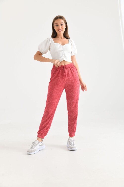 Pink High Waist Elastic and Tie Detail Soft Knitted Sweatpants