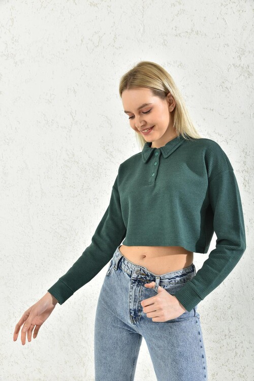 Petrol Polo Neck Crop Blouse
