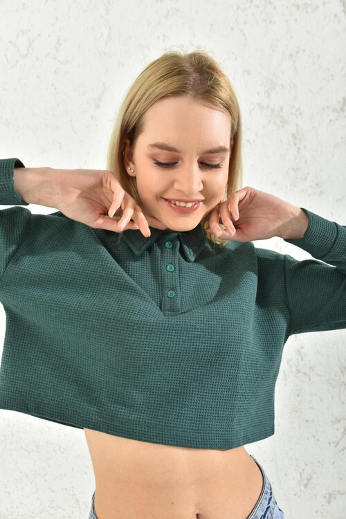Petrol Polo Neck Crop Blouse