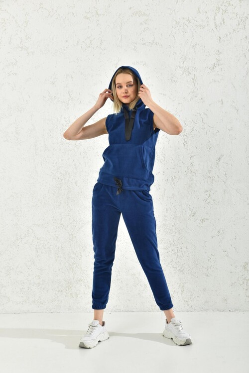 Sax Hooded Kangaroo Pocket Detailed Sleeveless Vest Set