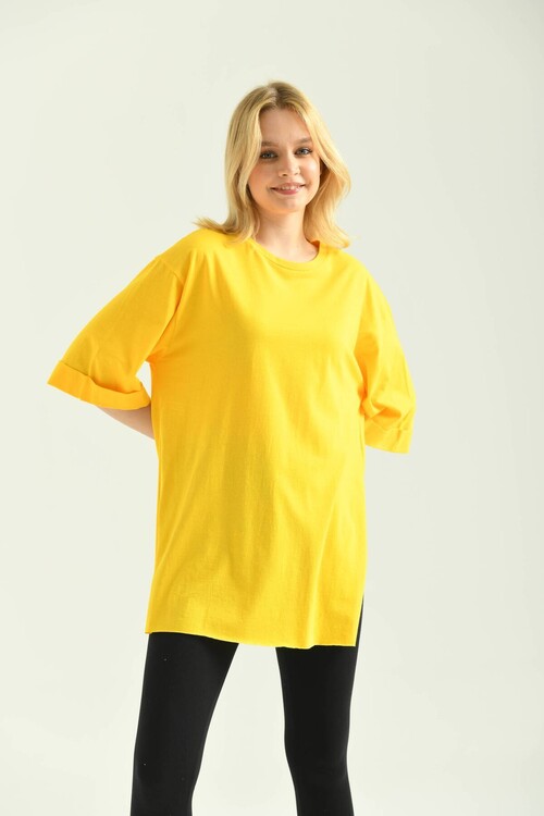 Yellow Double Sleeve Wide Cut Asymmetrical Slit Knitted T-Shirt