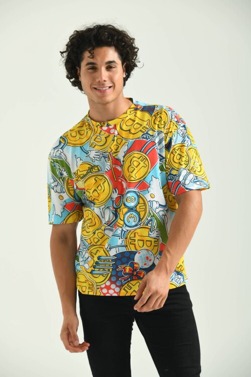 Yellow Round Neck Crypto Patterned T-Shirt