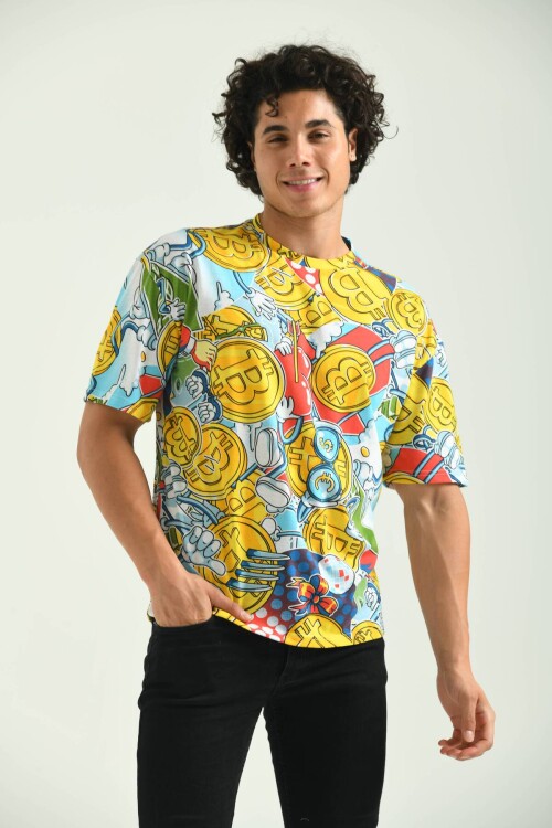 Yellow Round Neck Crypto Patterned T-Shirt