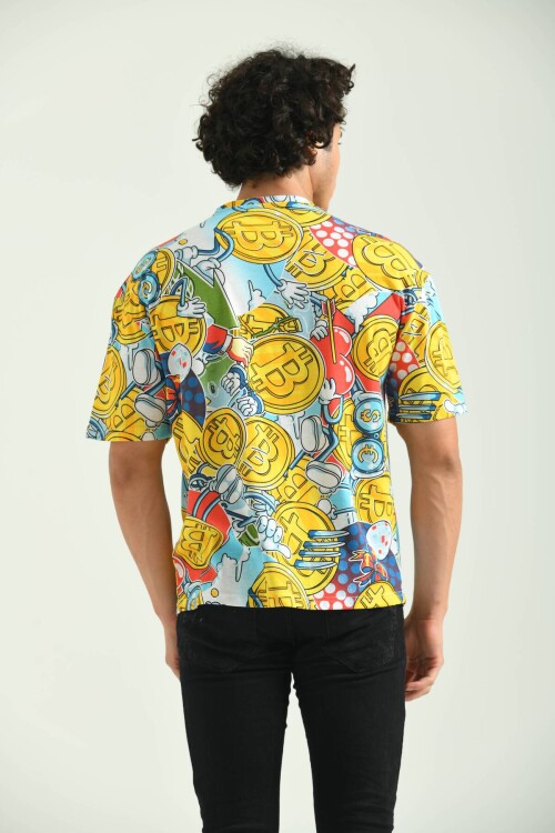 Yellow Round Neck Crypto Patterned T-Shirt