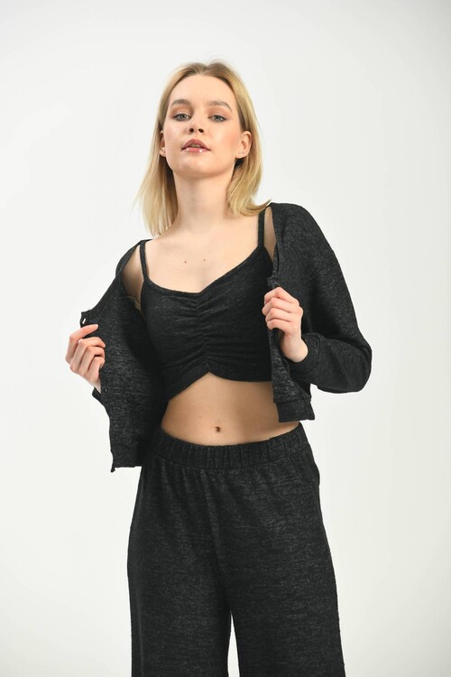 Siyah 3lü Alt-Üst Takım - Bluz & Pantolon & Büstiyer