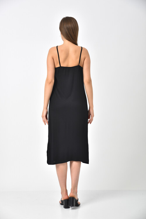 Black Straped Hemline Slit Detailed Dress