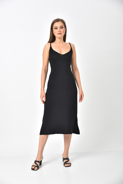 Black Straped Hemline Slit Detailed Dress