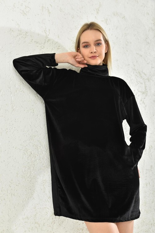 Black Turtleneck Mini Velvet Fabric Dress