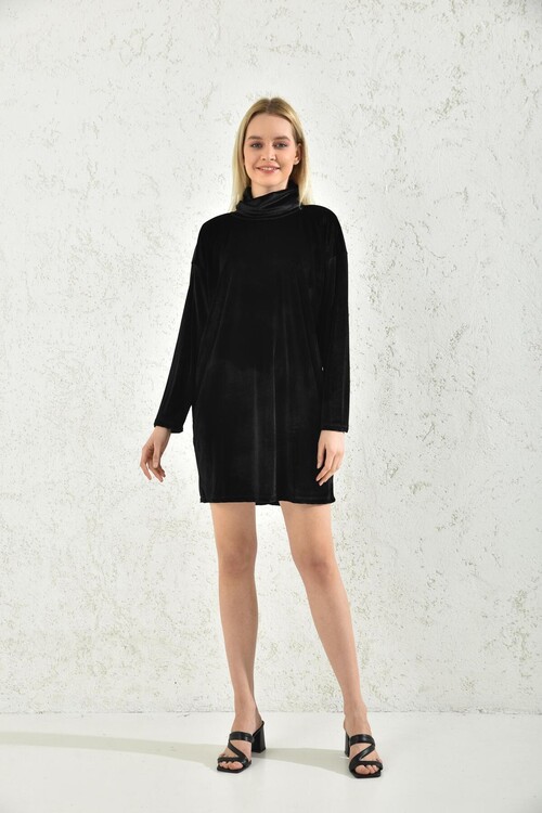Black Turtleneck Mini Velvet Fabric Dress