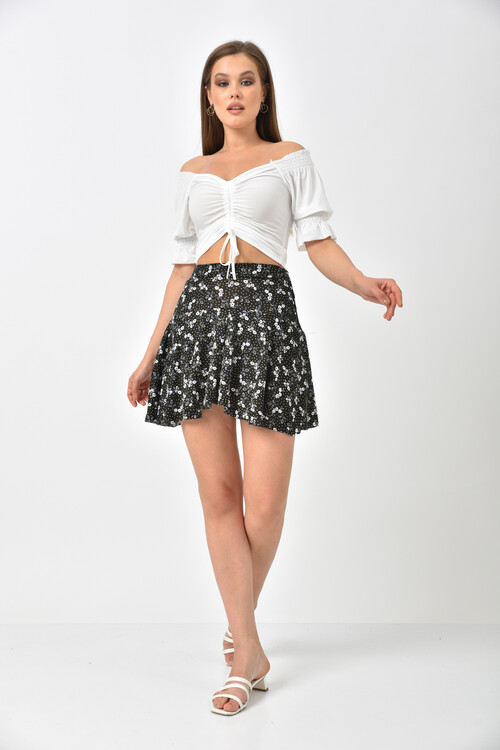 Black Elastic Waist Patterned Short Skirt