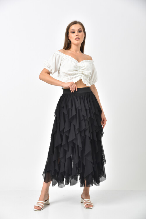 Black Elastic Waist Laser Cut Lined Tulle Skirt