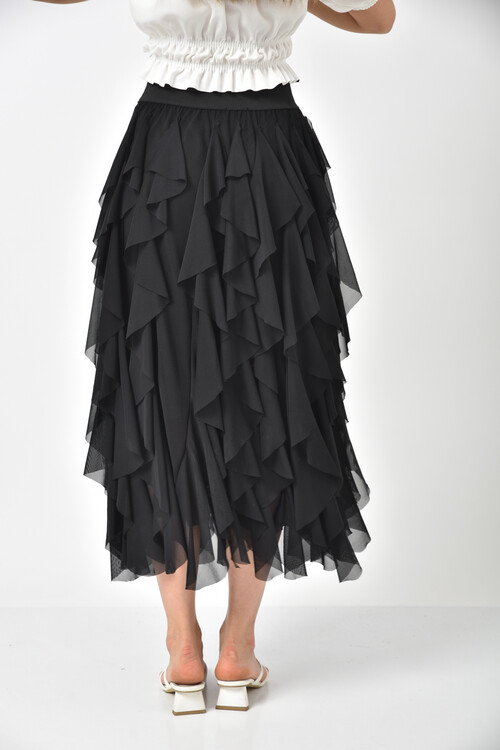 Black Elastic Waist Laser Cut Lined Tulle Skirt