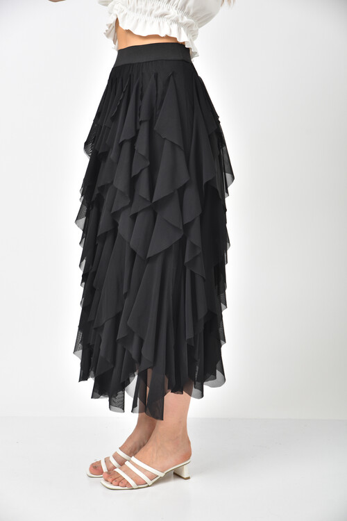 Black Elastic Waist Laser Cut Lined Tulle Skirt